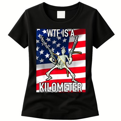 WTF Is A Kilometer July 4th Skeleton Funny Cringey USA Meme Womens T-Shirt