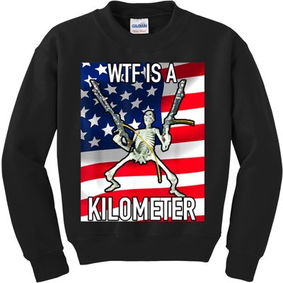 WTF Is A Kilometer July 4th Skeleton Funny Cringey USA Meme Kids Sweatshirt