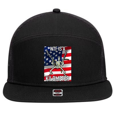 WTF Is A Kilometer July 4th Skeleton Funny Cringey USA Meme 7 Panel Mesh Trucker Snapback Hat