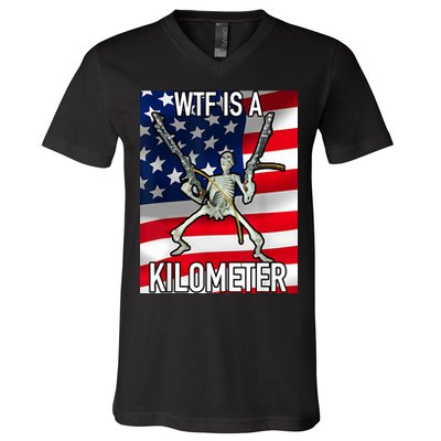 WTF Is A Kilometer July 4th Skeleton Funny Cringey USA Meme V-Neck T-Shirt