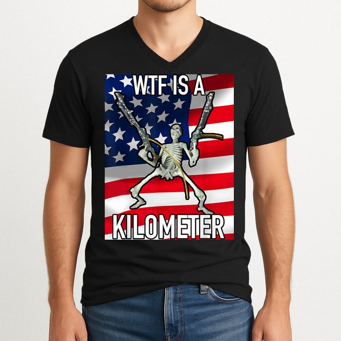 WTF Is A Kilometer July 4th Skeleton Funny Cringey USA Meme V-Neck T-Shirt