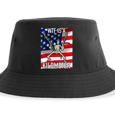 WTF Is A Kilometer July 4th Skeleton Funny Cringey USA Meme Sustainable Bucket Hat