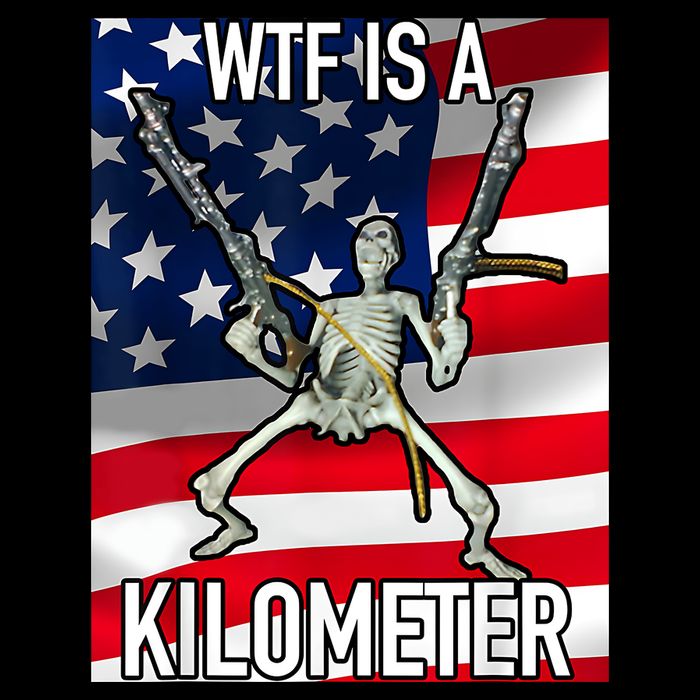 WTF Is A Kilometer July 4th Skeleton Funny Cringey USA Meme Button