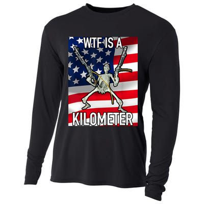 WTF Is A Kilometer July 4th Skeleton Funny Cringey USA Meme Cooling Performance Long Sleeve Crew