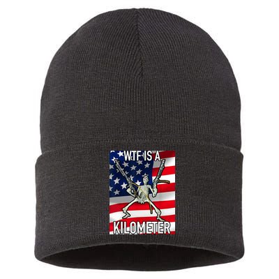 WTF Is A Kilometer July 4th Skeleton Funny Cringey USA Meme Sustainable Knit Beanie