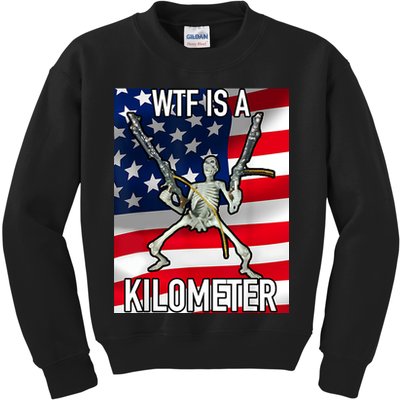 WTF Is A Kilometer July 4th Skeleton Funny Cringey USA Meme Kids Sweatshirt