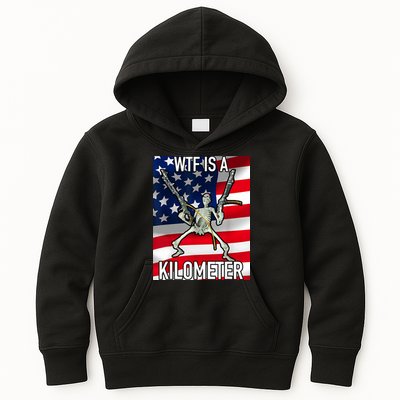 WTF Is A Kilometer July 4th Skeleton Funny Cringey USA Meme Kids Hoodie