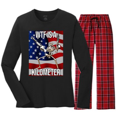 Wtf Is A Kilometer American Skeleton Funny Women's Long Sleeve Flannel Pajama Set 