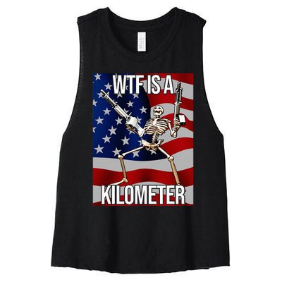 Wtf Is A Kilometer American Skeleton Funny Women's Racerback Cropped Tank