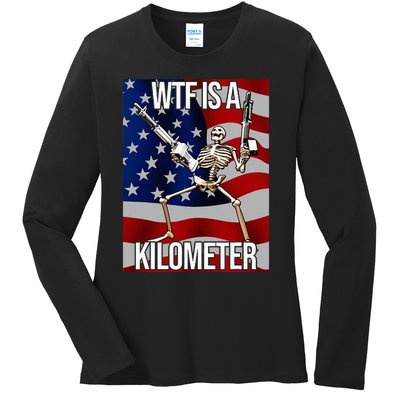 Wtf Is A Kilometer American Skeleton Funny Ladies Long Sleeve Shirt