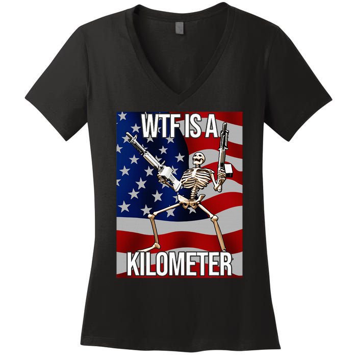 Wtf Is A Kilometer American Skeleton Funny Women's V-Neck T-Shirt