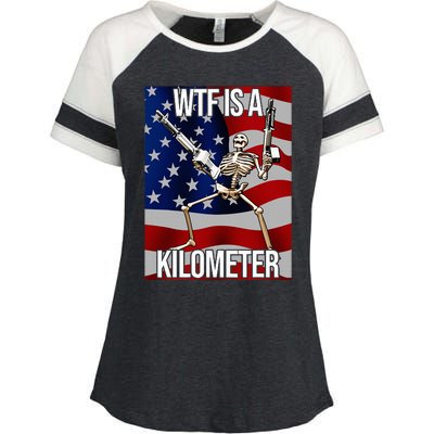 Wtf Is A Kilometer American Skeleton Funny Enza Ladies Jersey Colorblock Tee