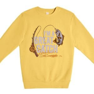 Wo I'm A Great Catch Valentine's Day Funny Fisherman Fishing V-Neck Premium Crewneck Sweatshirt