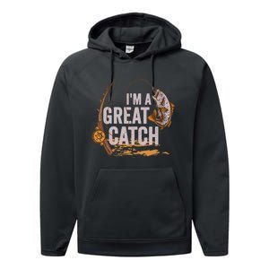 Wo I'm A Great Catch Valentine's Day Funny Fisherman Fishing V-Neck Performance Fleece Hoodie