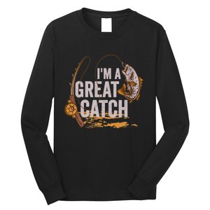 Wo I'm A Great Catch Valentine's Day Funny Fisherman Fishing V-Neck Long Sleeve Shirt