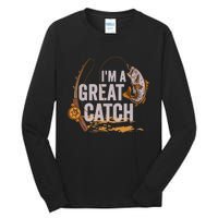 Wo I'm A Great Catch Valentine's Day Funny Fisherman Fishing V-Neck Tall Long Sleeve T-Shirt