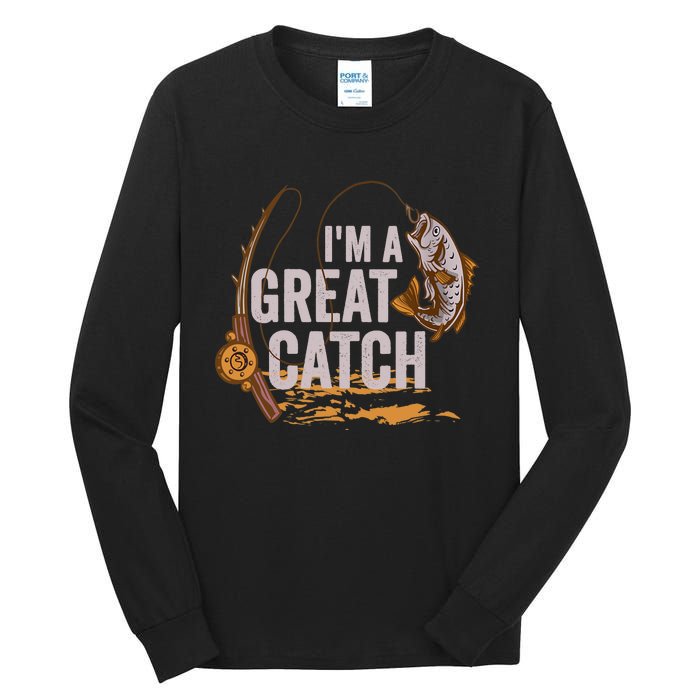 Wo I'm A Great Catch Valentine's Day Funny Fisherman Fishing V-Neck Tall Long Sleeve T-Shirt