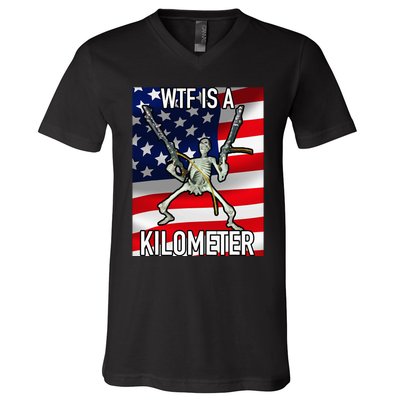 Wtf Is A Kilometer July 4th Skeleton Funny Cringey V-Neck T-Shirt