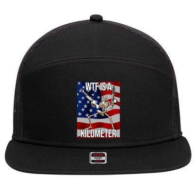 Wtf Is A Kilometer American Skeleton Funny 7 Panel Mesh Trucker Snapback Hat