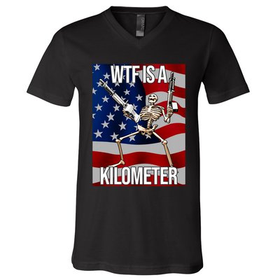 Wtf Is A Kilometer American Skeleton Funny V-Neck T-Shirt