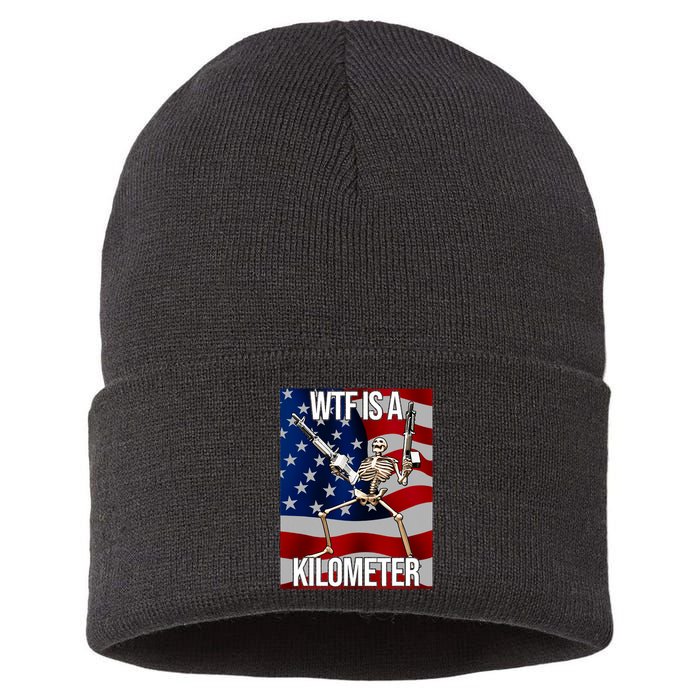 Wtf Is A Kilometer American Skeleton Funny Sustainable Knit Beanie