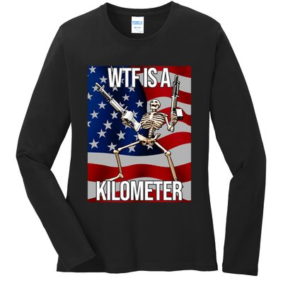 Wtf Is A Kilometer American Skeleton Funny Ladies Long Sleeve Shirt