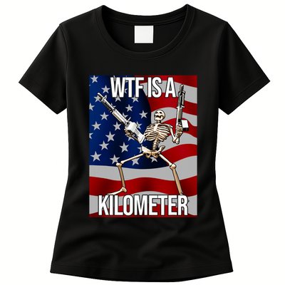 Wtf Is A Kilometer American Skeleton Funny Womens T-Shirt