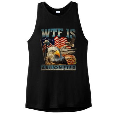 Wtf Is A Kilometer Eagle Badge American Burger 4th Of July Ladies PosiCharge Tri-Blend Wicking Tank