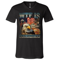 Wtf Is A Kilometer Eagle Badge American Burger 4th Of July V-Neck T-Shirt