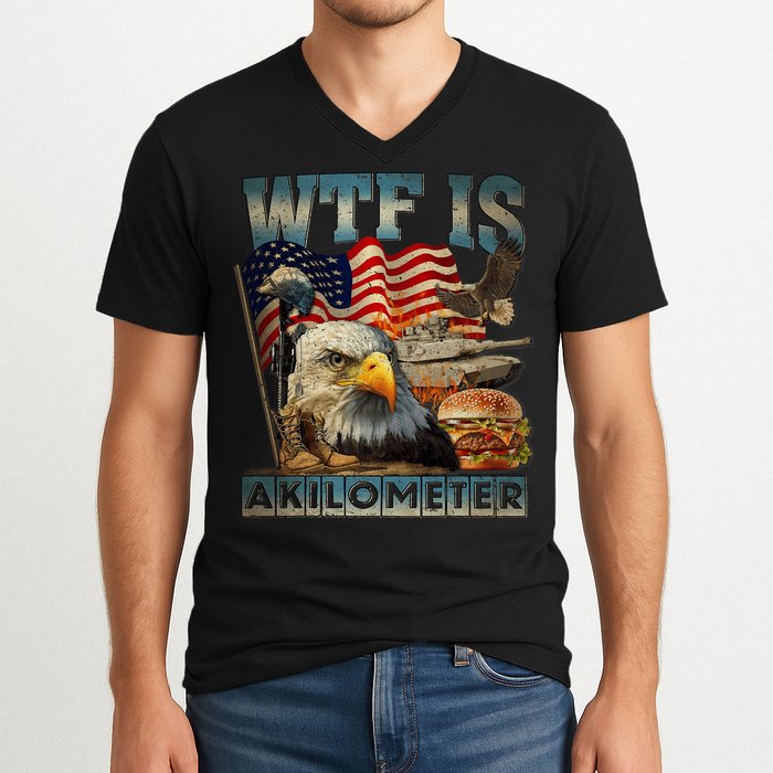 Wtf Is A Kilometer Eagle Badge American Burger 4th Of July V-Neck T-Shirt