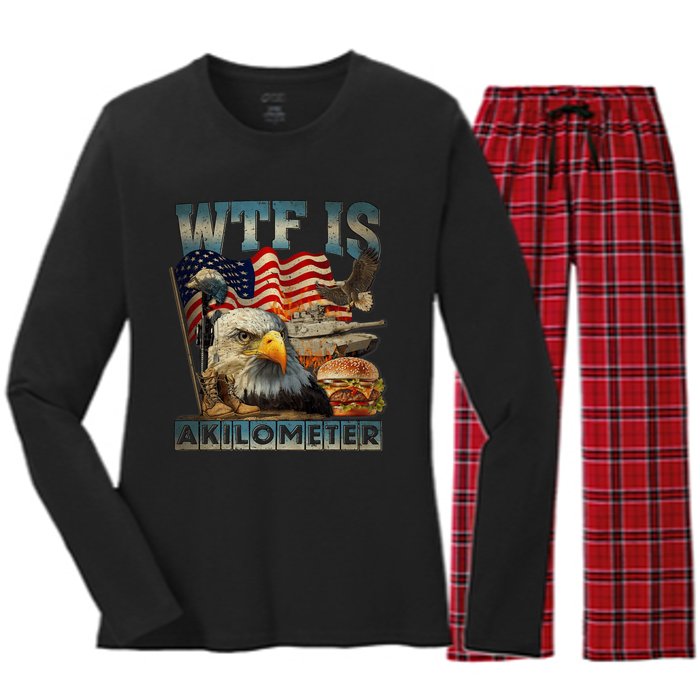 Wtf Is A Kilometer Eagle Badge American Burger 4th Of July Women's Long Sleeve Flannel Pajama Set 