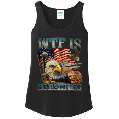 Wtf Is A Kilometer Eagle Badge American Burger 4th Of July Ladies Essential Tank