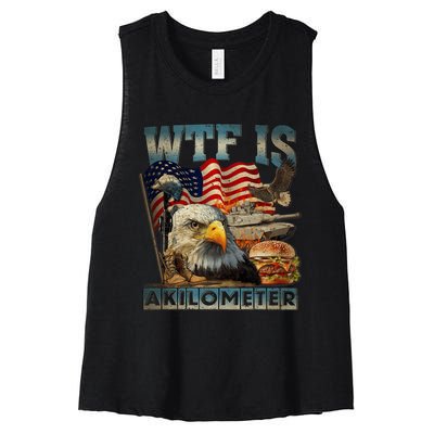 Wtf Is A Kilometer Eagle Badge American Burger 4th Of July Women's Racerback Cropped Tank