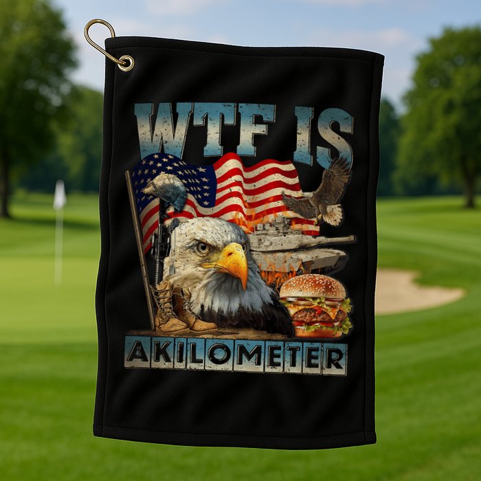 Wtf Is A Kilometer Eagle Badge American Burger 4th Of July Golf Towel