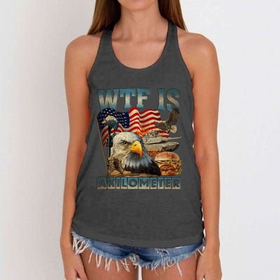 Wtf Is A Kilometer Eagle Badge American Burger 4th Of July Women's Knotted Racerback Tank