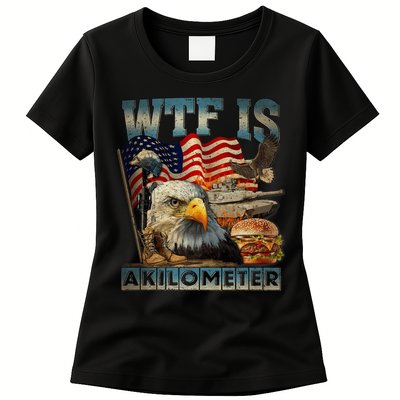 Wtf Is A Kilometer Eagle Badge American Burger 4th Of July Womens T-Shirt