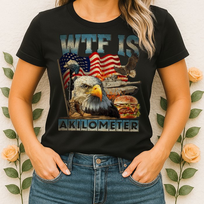 Wtf Is A Kilometer Eagle Badge American Burger 4th Of July Womens T-Shirt