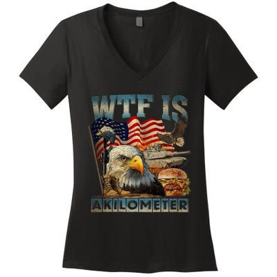 Wtf Is A Kilometer Eagle Badge American Burger 4th Of July Women's V-Neck T-Shirt