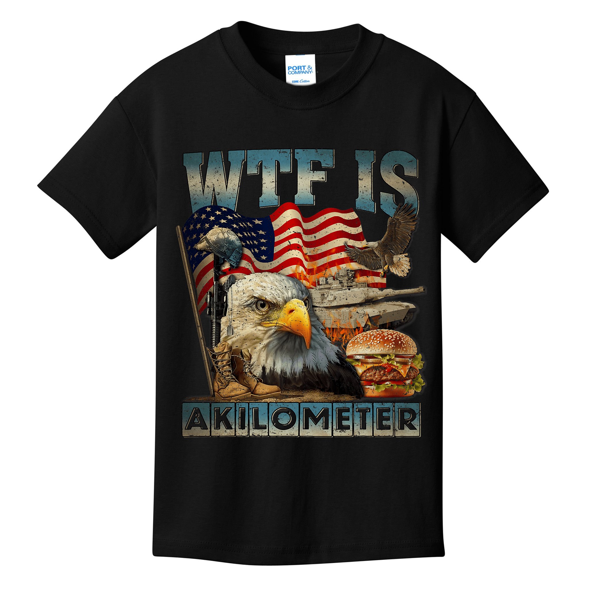 Wtf Is A Kilometer Eagle Badge American Burger 4th Of July Kids T-Shirt