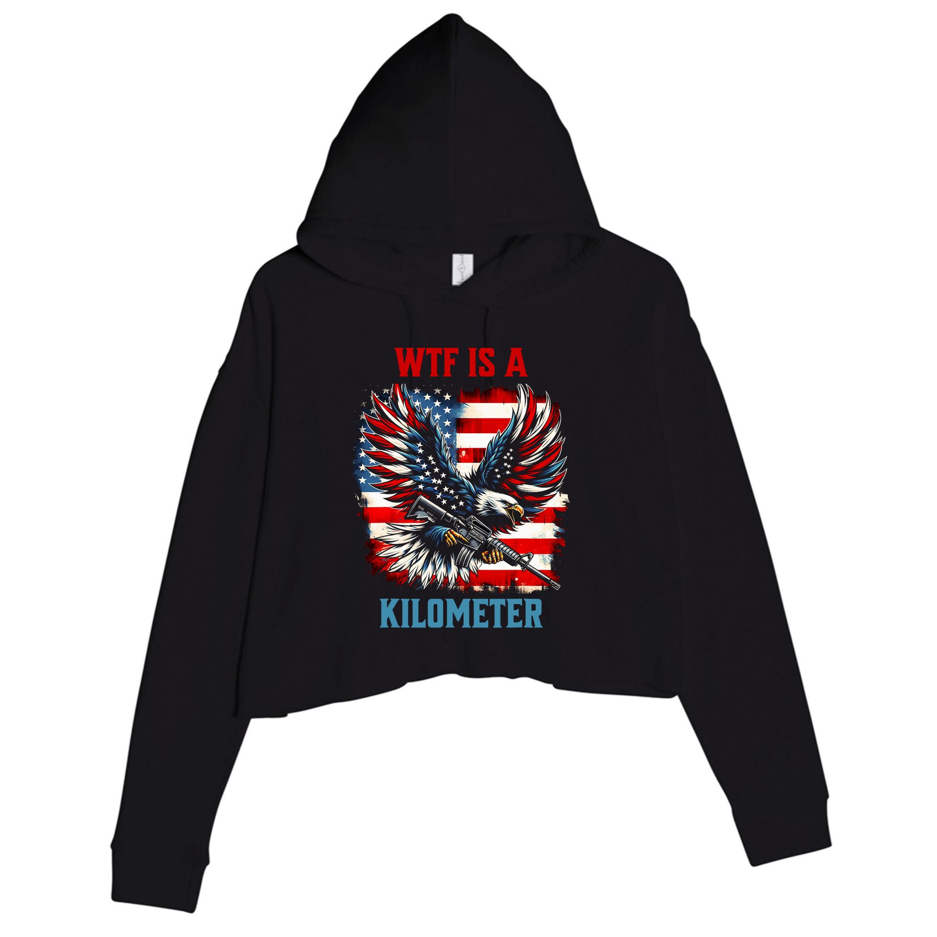 Wtf Is A Kilometer Eagle Badge American Flag Crop Fleece Hoodie