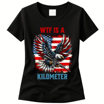 Wtf Is A Kilometer Eagle Badge American Flag Womens T-Shirt