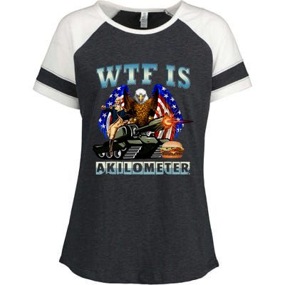 Wtf Is A Kilometer Eagle Badge American Signature Burger Enza Ladies Jersey Colorblock Tee