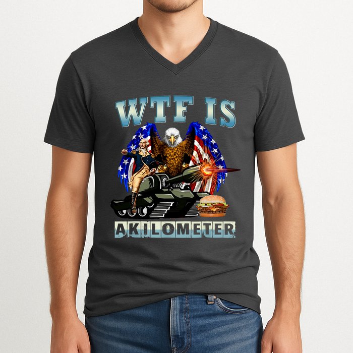 Wtf Is A Kilometer Eagle Badge American Signature Burger V-Neck T-Shirt