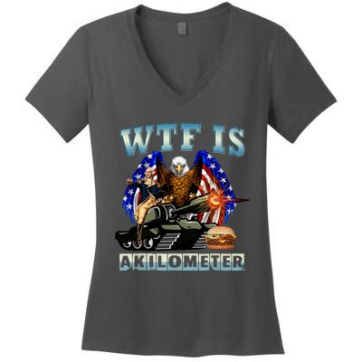 Wtf Is A Kilometer Eagle Badge American Signature Burger Women's V-Neck T-Shirt