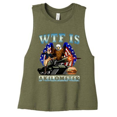 Wtf Is A Kilometer Eagle Badge American Signature Burger Women's Racerback Cropped Tank