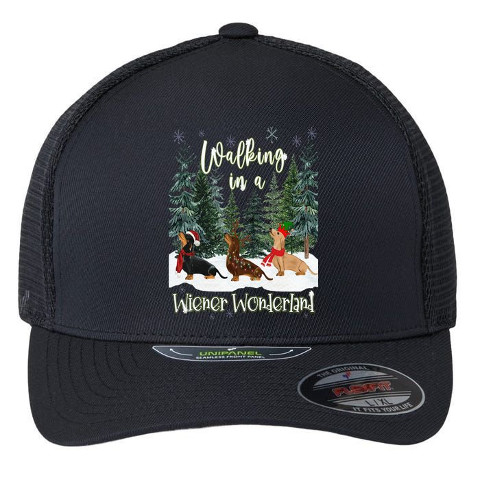 Walking In A Wiener Wonderland Dachshund Trio Flexfit Unipanel Trucker Cap