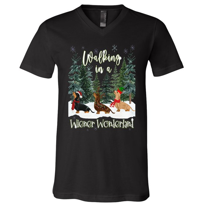 Walking In A Wiener Wonderland Dachshund Trio V-Neck T-Shirt