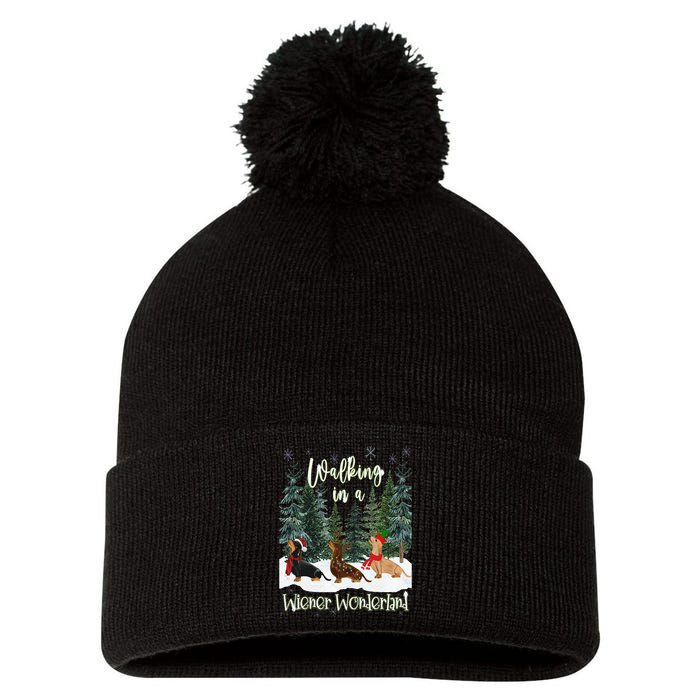 Walking In A Wiener Wonderland Dachshund Trio Pom Pom 12in Knit Beanie