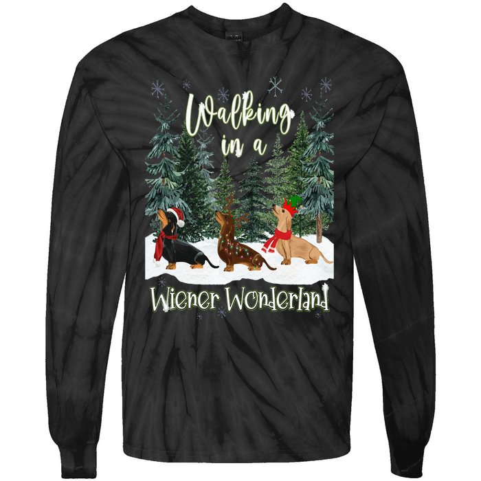 Walking In A Wiener Wonderland Dachshund Trio Tie-Dye Long Sleeve Shirt