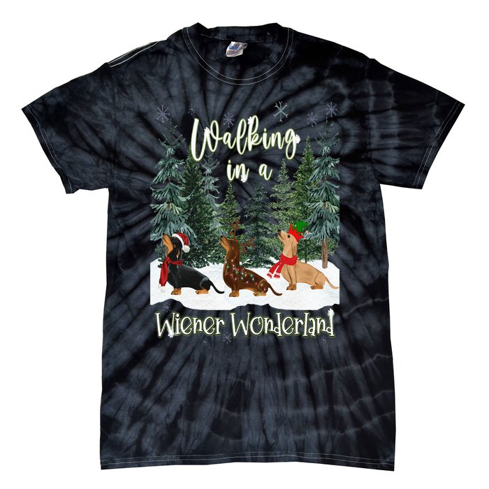 Walking In A Wiener Wonderland Dachshund Trio Tie-Dye T-Shirt